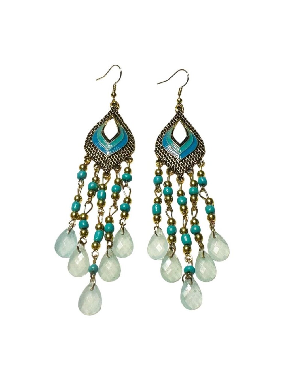 Boho Gold Dangle Earrings With Turquoise Beads 4 Inches Long